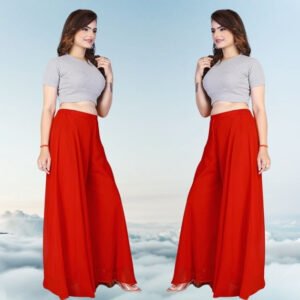 Pack of 2 Georgette Solid High Rise Wide Leg Flared Palazzos with Elastic Waist (Red)
