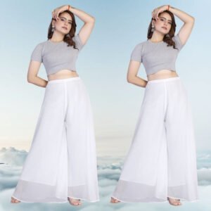 Pack of 2 Georgette Solid High Rise Wide Leg Flared Palazzos with Elastic Waist (White)
