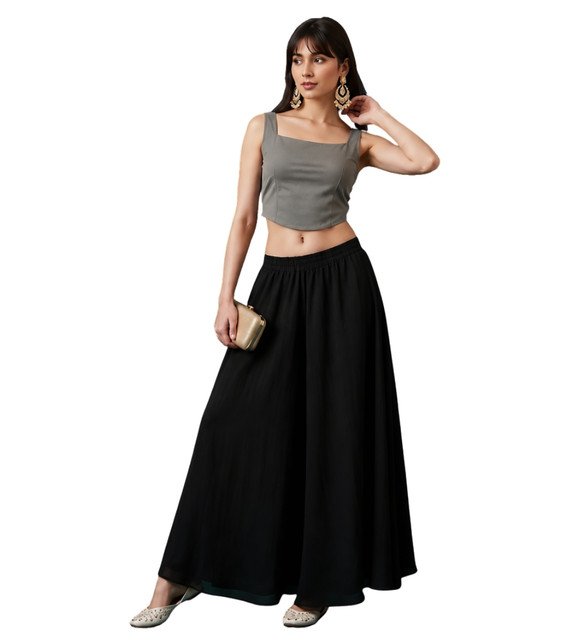 Georgette Solid Mid-Rise Wide Leg Flared Palazzo with Elastic Waist (Black) - Image 2