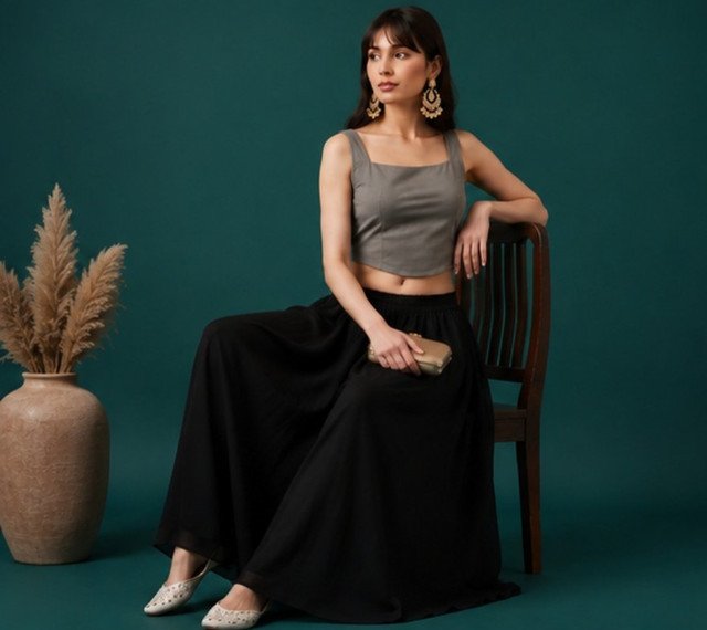 Georgette Solid Mid-Rise Wide Leg Flared Palazzo with Elastic Waist (Black) - Image 3