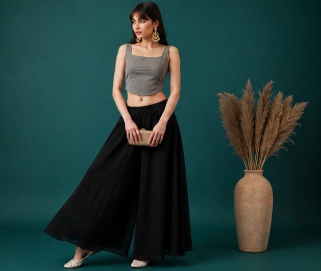 Georgette Solid Mid-Rise Wide Leg Flared Palazzo with Elastic Waist (Black) - Image 4
