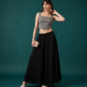 Georgette Solid Mid-Rise Wide Leg Flared Palazzo with Elastic Waist (Black)