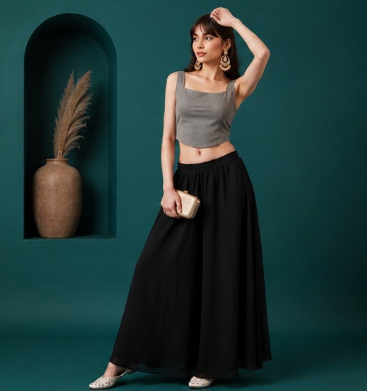 Georgette Solid Mid-Rise Wide Leg Flared Palazzo with Elastic Waist (Black) - Image 5