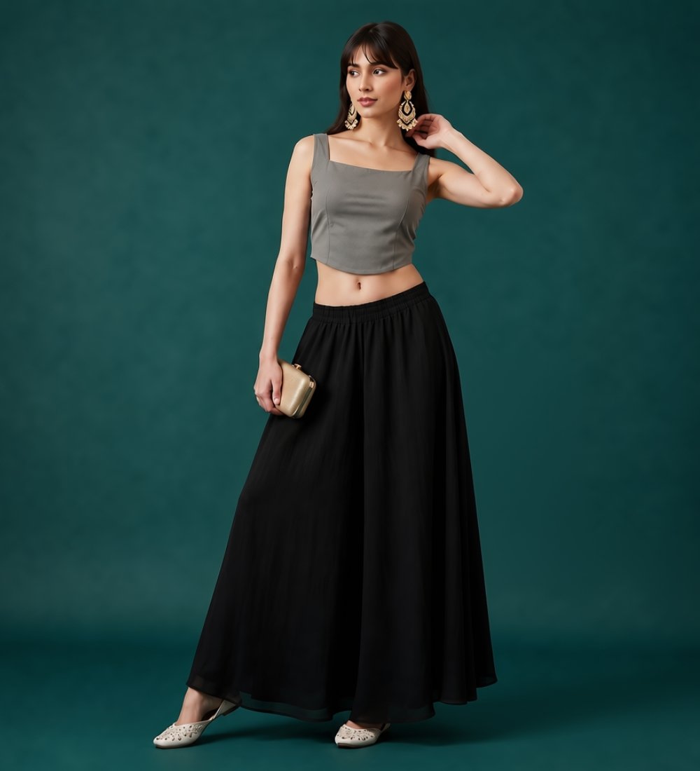Georgette Solid Mid-Rise Wide Leg Flared Palazzo with Elastic Waist (Black)