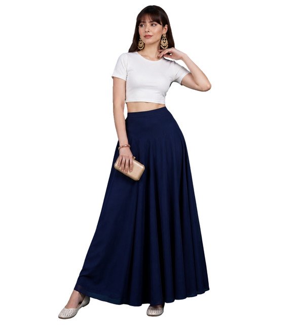 Georgette Solid Mid-Rise Wide Leg Flared Palazzo with Elastic Waist (Navy Blue) - Image 2