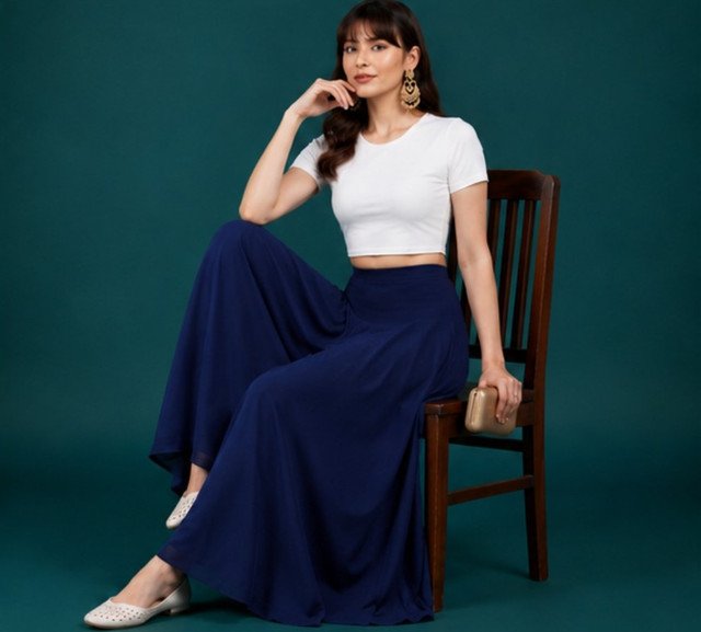 Georgette Solid Mid-Rise Wide Leg Flared Palazzo with Elastic Waist (Navy Blue) - Image 3