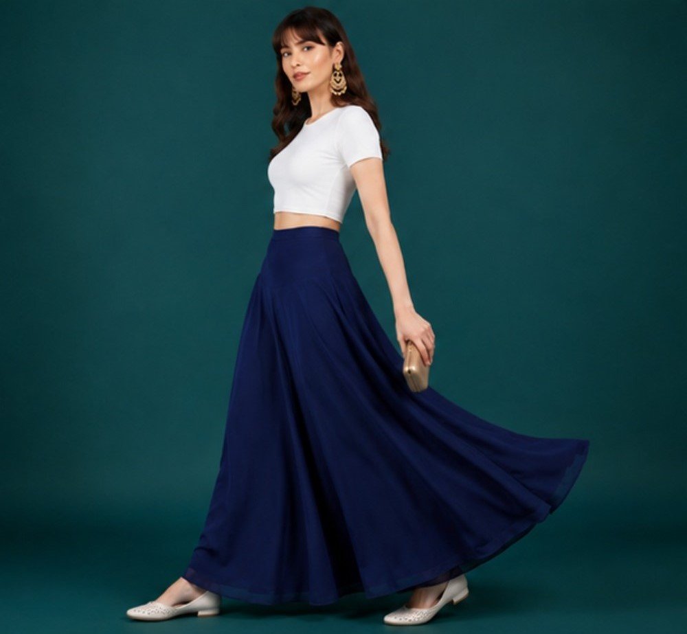 Georgette Solid Mid-Rise Wide Leg Flared Palazzo with Elastic Waist (Navy Blue) - Image 4