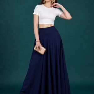 Georgette Solid Mid-Rise Wide Leg Flared Palazzo with Elastic Waist (Navy Blue)
