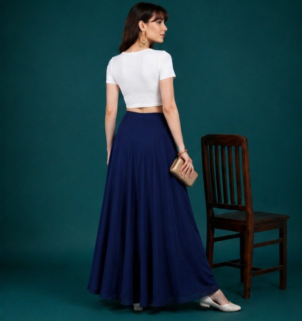 Georgette Solid Mid-Rise Wide Leg Flared Palazzo with Elastic Waist (Navy Blue) - Image 5