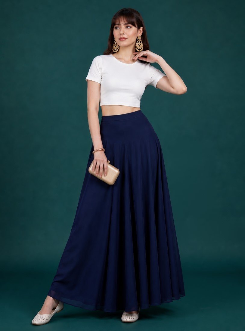 Georgette Solid Mid-Rise Wide Leg Flared Palazzo with Elastic Waist (Navy Blue)