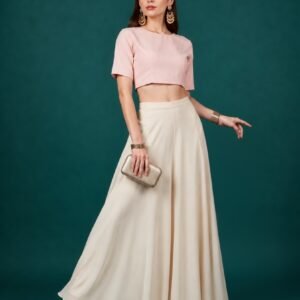 Georgette Solid Mid-Rise Wide Leg Flared Palazzo with Elastic Waist (Cream)