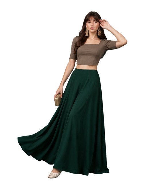 Georgette Solid Mid-Rise Wide Leg Flared Palazzo with Elastic Waist (Bottle Green) - Image 2