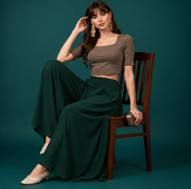 Georgette Solid Mid-Rise Wide Leg Flared Palazzo with Elastic Waist (Bottle Green) - Image 3