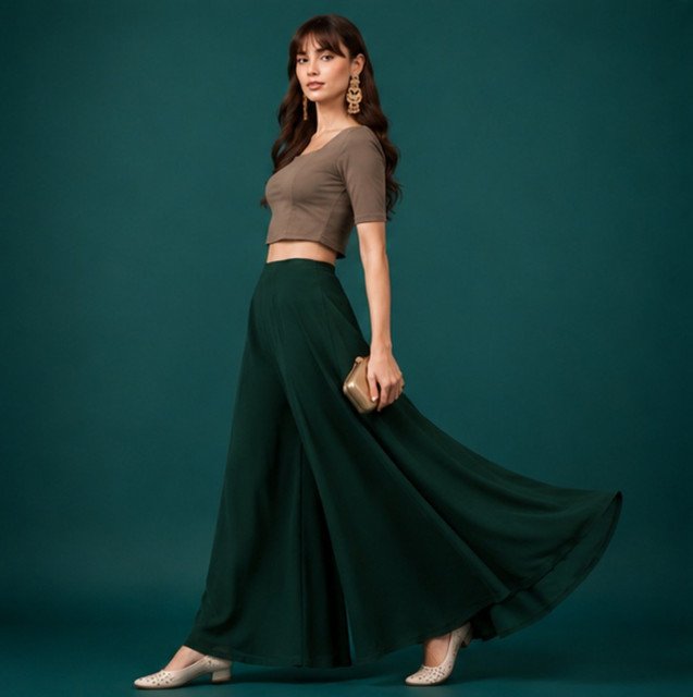 Georgette Solid Mid-Rise Wide Leg Flared Palazzo with Elastic Waist (Bottle Green) - Image 4