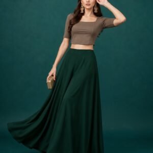 Georgette Solid Mid-Rise Wide Leg Flared Palazzo with Elastic Waist (Bottle Green)