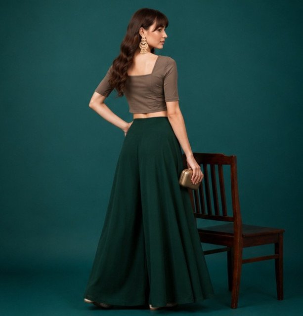 Georgette Solid Mid-Rise Wide Leg Flared Palazzo with Elastic Waist (Bottle Green) - Image 5