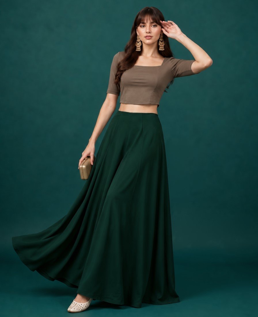 Georgette Solid Mid-Rise Wide Leg Flared Palazzo with Elastic Waist (Bottle Green)