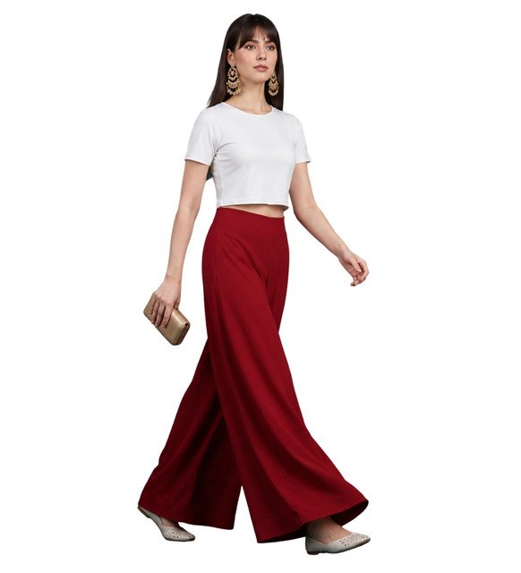 Georgette Solid Mid-Rise Wide Leg Flared Palazzo with Elastic Waist (Maroon) - Image 2