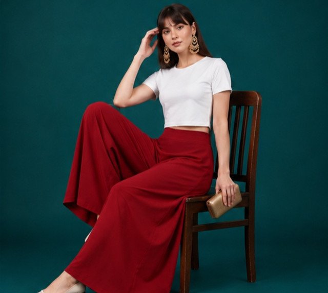 Georgette Solid Mid-Rise Wide Leg Flared Palazzo with Elastic Waist (Maroon) - Image 3