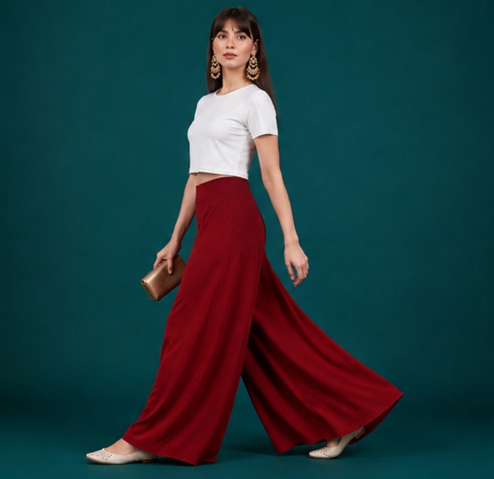 Georgette Solid Mid-Rise Wide Leg Flared Palazzo with Elastic Waist (Maroon) - Image 4