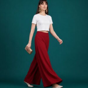 Georgette Solid Mid-Rise Wide Leg Flared Palazzo with Elastic Waist (Maroon)