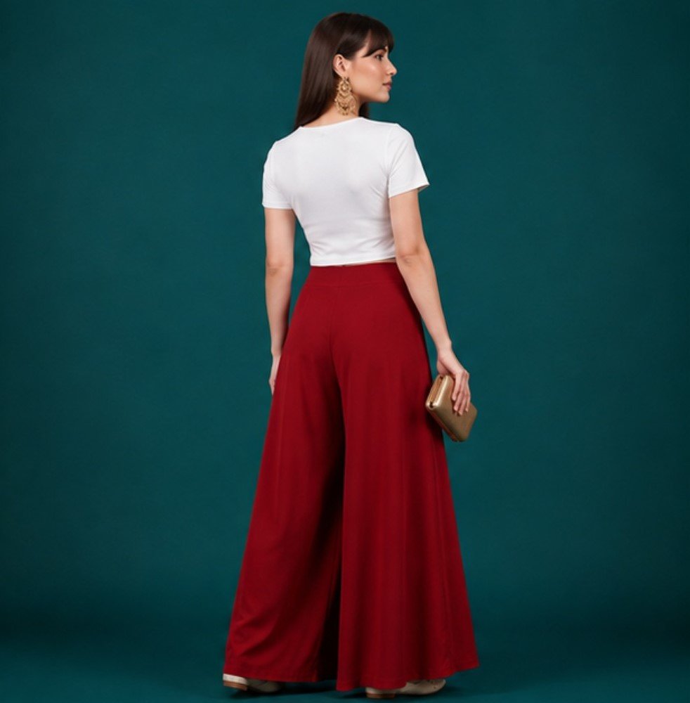 Georgette Solid Mid-Rise Wide Leg Flared Palazzo with Elastic Waist (Maroon) - Image 5