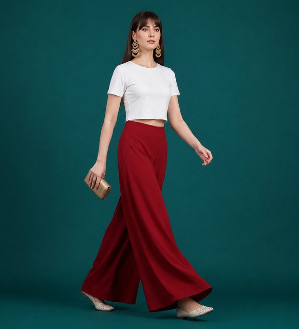 Georgette Solid Mid-Rise Wide Leg Flared Palazzo with Elastic Waist (Maroon)