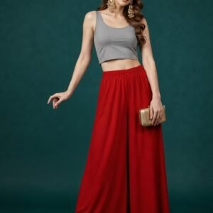 Georgette Solid Mid-Rise Wide Leg Flared Palazzo with Elastic Waist (Red)