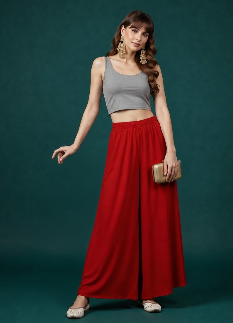 Georgette Solid Mid-Rise Wide Leg Flared Palazzo with Elastic Waist (Red)