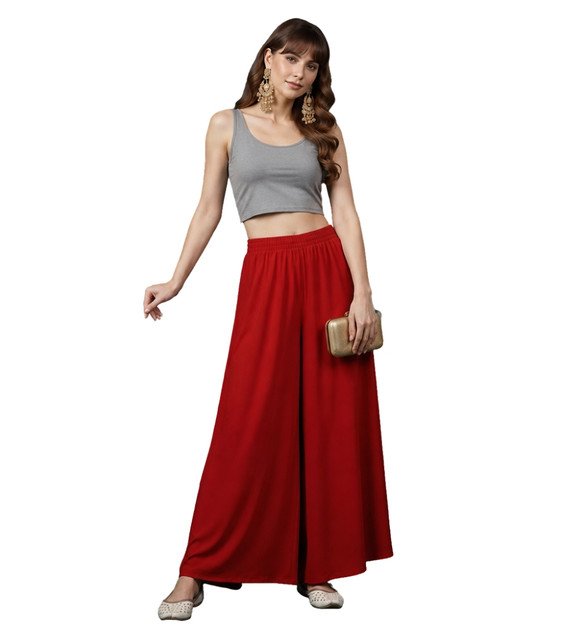 Georgette Solid Mid-Rise Wide Leg Flared Palazzo with Elastic Waist (Red) - Image 2