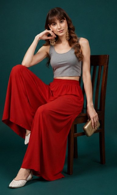 Georgette Solid Mid-Rise Wide Leg Flared Palazzo with Elastic Waist (Red) - Image 3