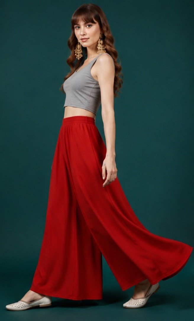 Georgette Solid Mid-Rise Wide Leg Flared Palazzo with Elastic Waist (Red) - Image 4
