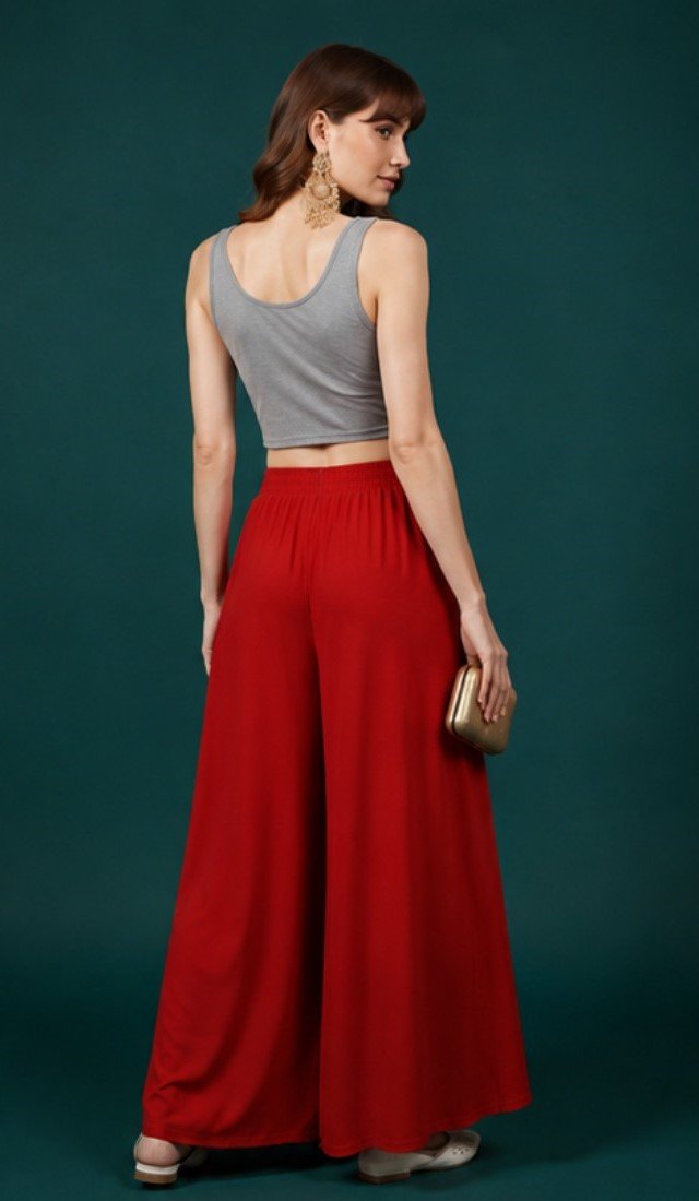 Georgette Solid Mid-Rise Wide Leg Flared Palazzo with Elastic Waist (Red) - Image 5