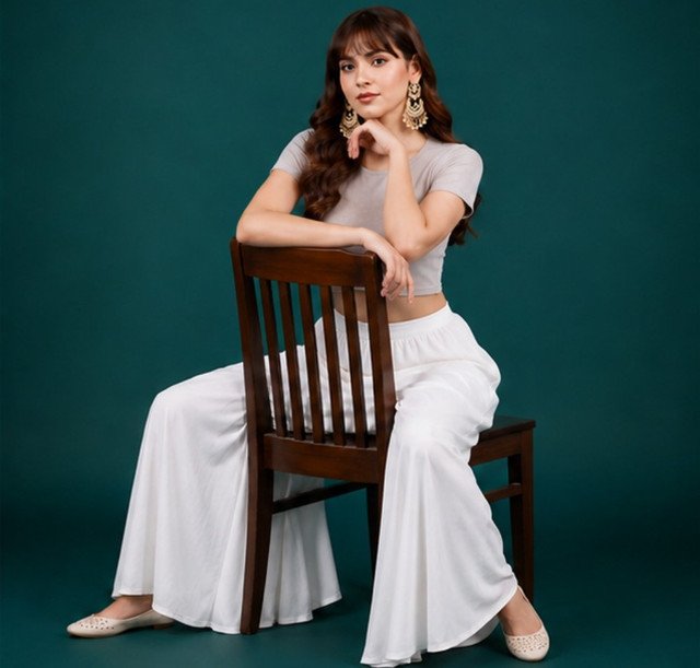 Georgette Solid Mid-Rise Wide Leg Flared Palazzo with Elastic Waist (White) - Image 3