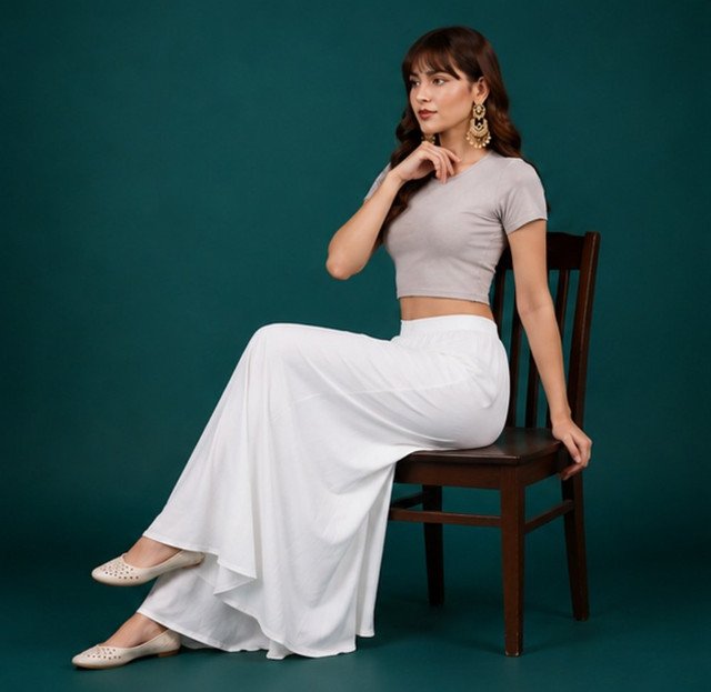 Georgette Solid Mid-Rise Wide Leg Flared Palazzo with Elastic Waist (White) - Image 4