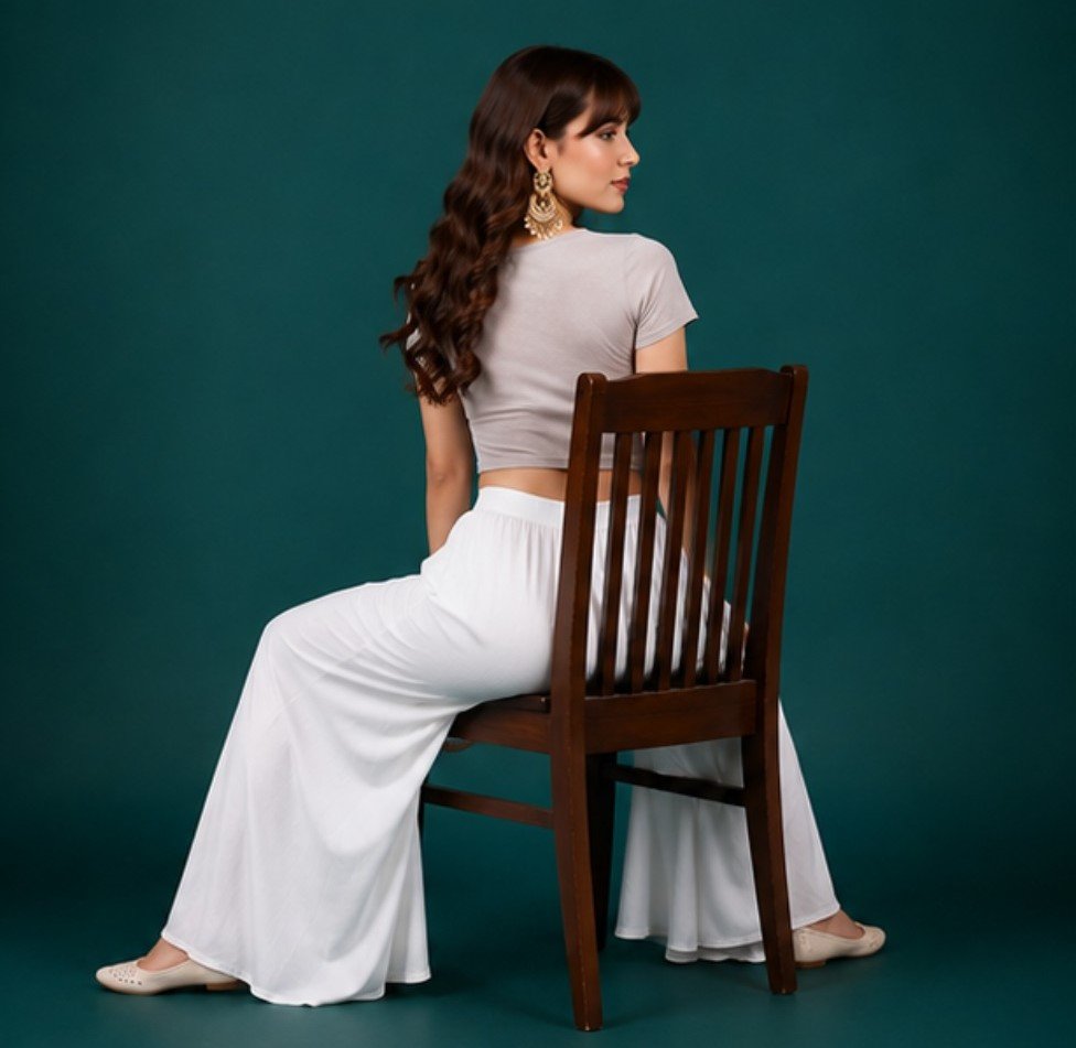 Georgette Solid Mid-Rise Wide Leg Flared Palazzo with Elastic Waist (White) - Image 5