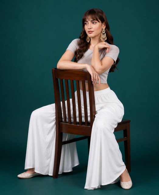 Georgette Solid Mid-Rise Wide Leg Flared Palazzo with Elastic Waist (White)