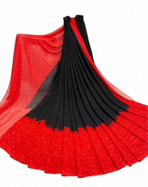 Georgette Printed Saree With Unstitched Blouse 5.5Mtr (Black-Red)