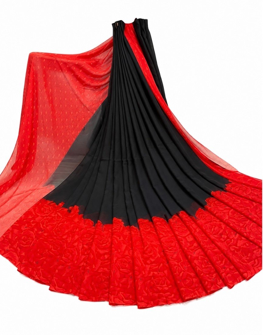 Georgette Printed Saree With Unstitched Blouse 5.5Mtr (Black-Red) - Image 2