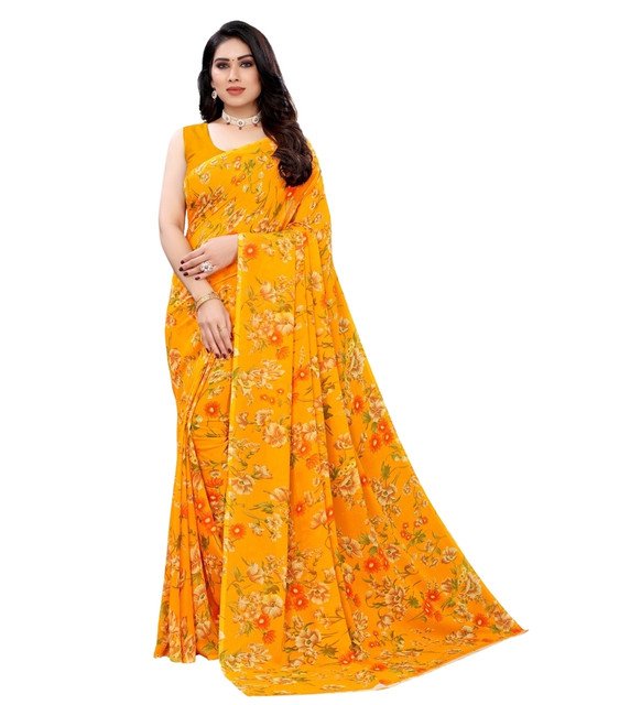 Georgette Floral Printed Saree With Unstitched Blouse 5.5Mtr (Yellow) - Image 2