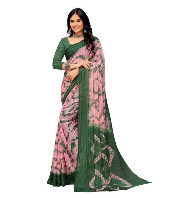 Georgette Striped Printed Saree With Unstitched Blouse 5.5Mtr (Pink-Green) - Image 2