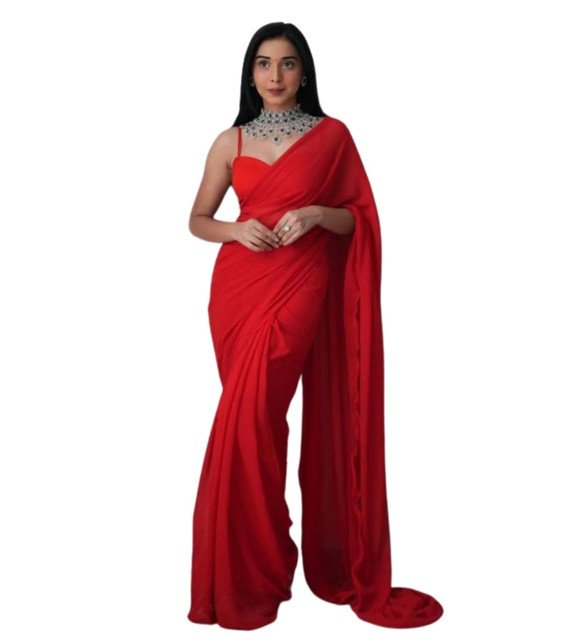 Georgette Solid Saree With Unstitched Blouse 5.5Mtr (Red) - Image 2