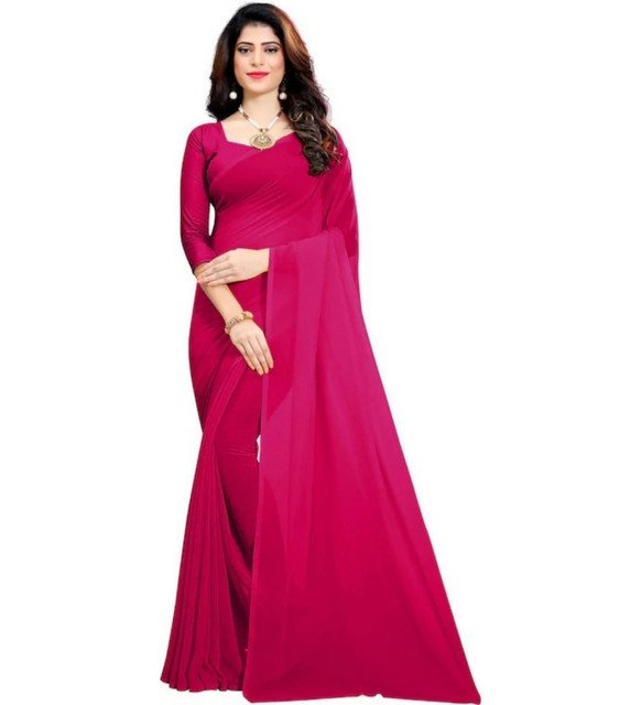 Georgette Solid Saree With Unstitched Blouse 5.5Mtr (Pink)