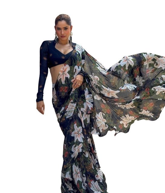 Georgette Floral Printed Saree With Unstitched Blouse 5.5Mtr (Black) - Image 2