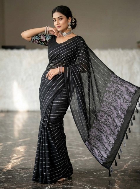 Georgette Striped Saree With Unstitched Blouse 5.5Mtr (Black)
