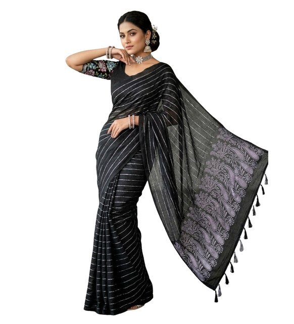 Georgette Striped Saree With Unstitched Blouse 5.5Mtr (Black) - Image 2