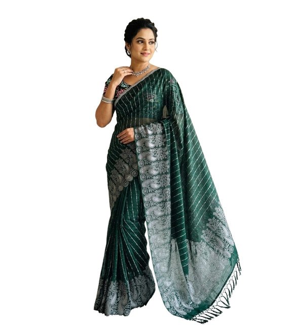 Georgette Striped Saree With Unstitched Blouse 5.5Mtr (Dark Green) - Image 2