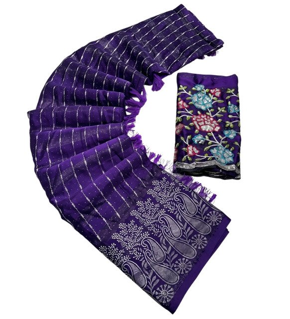 Georgette Striped Saree With Unstitched Blouse 5.5Mtr (Purple) - Image 2