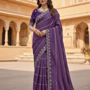 Georgette Embroidered Saree With Unstitched Blouse 5.5Mtr (Purple)