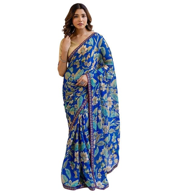 Georgette Floral Printed Saree With Unstitched Blouse 5.5Mtr (Blue) - Image 2